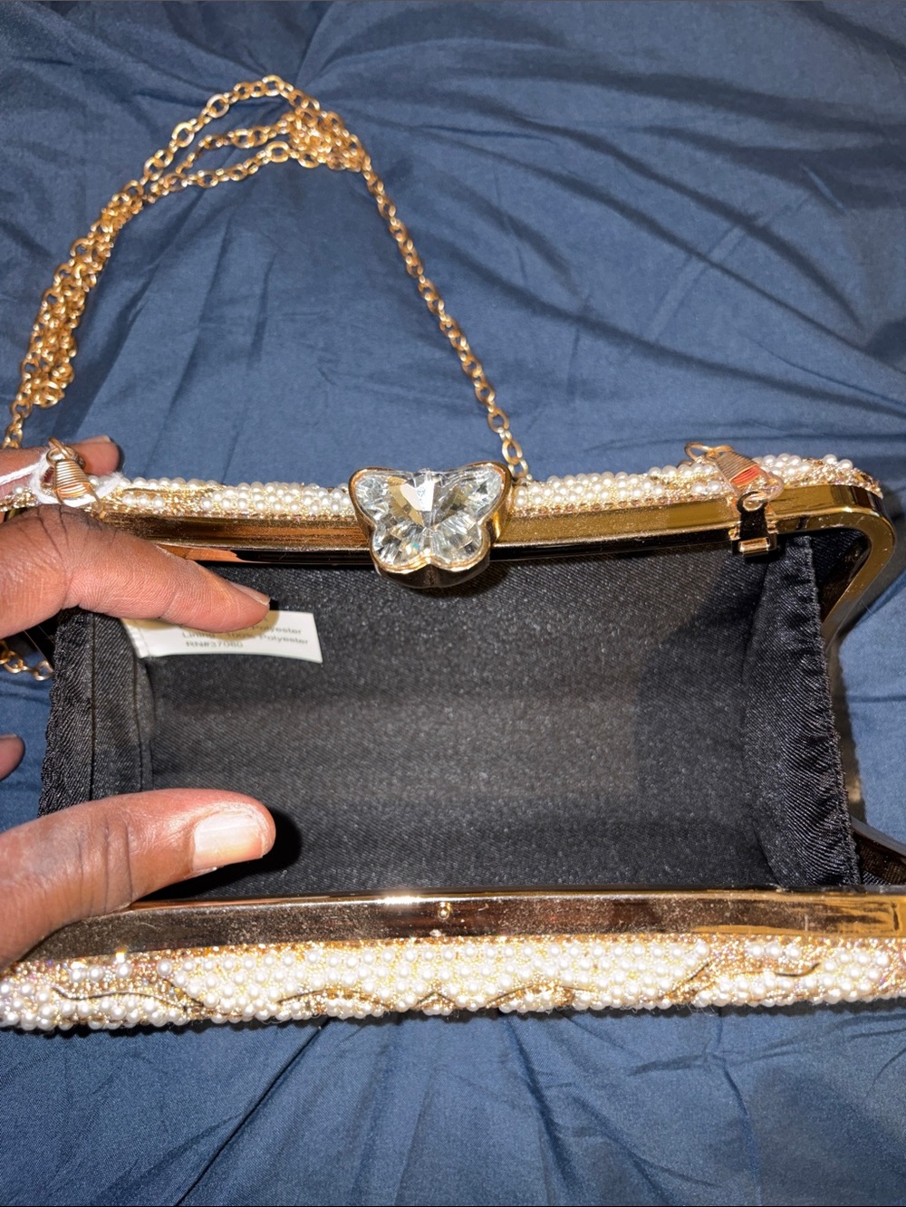 Gold Pearl & Crystal Floral Evening Clutch with Chain Strap - Picture 4 of 6
